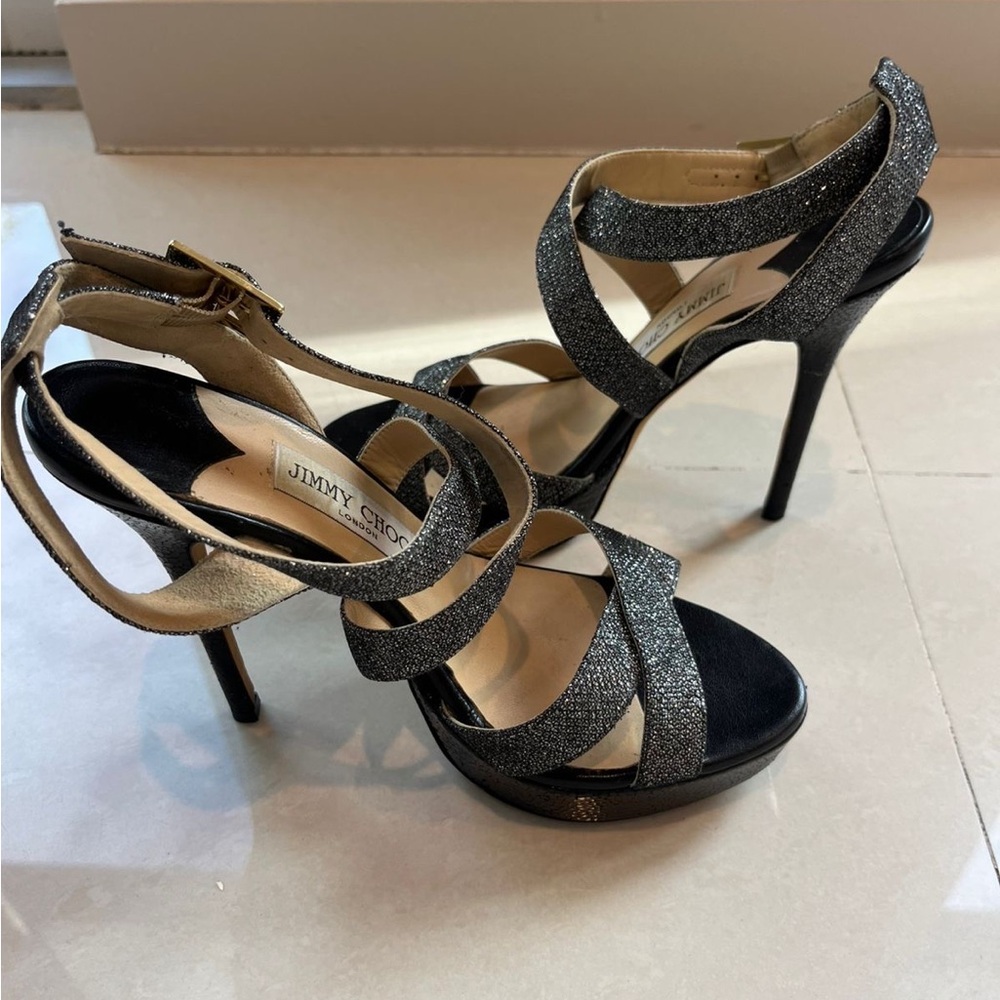 Jimmy Choo Silver-Black Glitter Crisscross Ankle Strap Heels - Picture 2 of 3